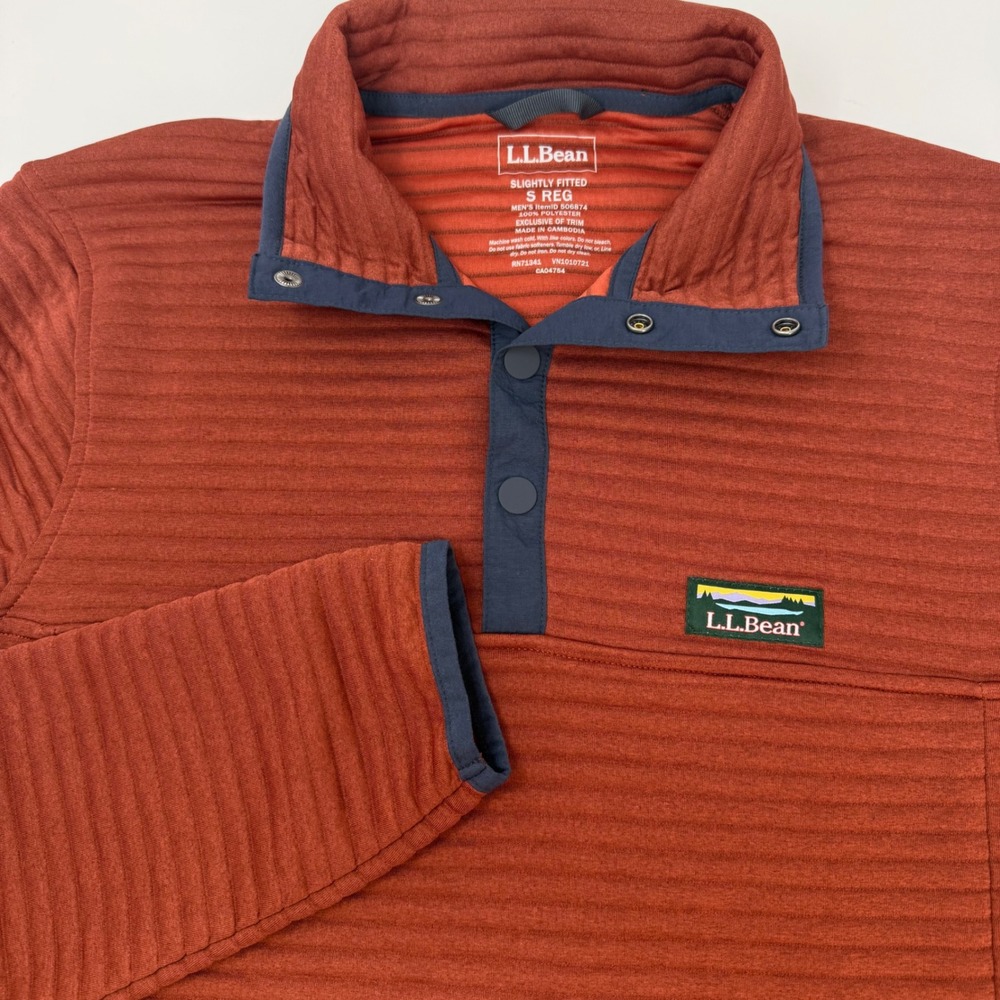 LL Bean Mens Airlight Knit Pullover Burnt Orange Snap Mock Neck Small 506874